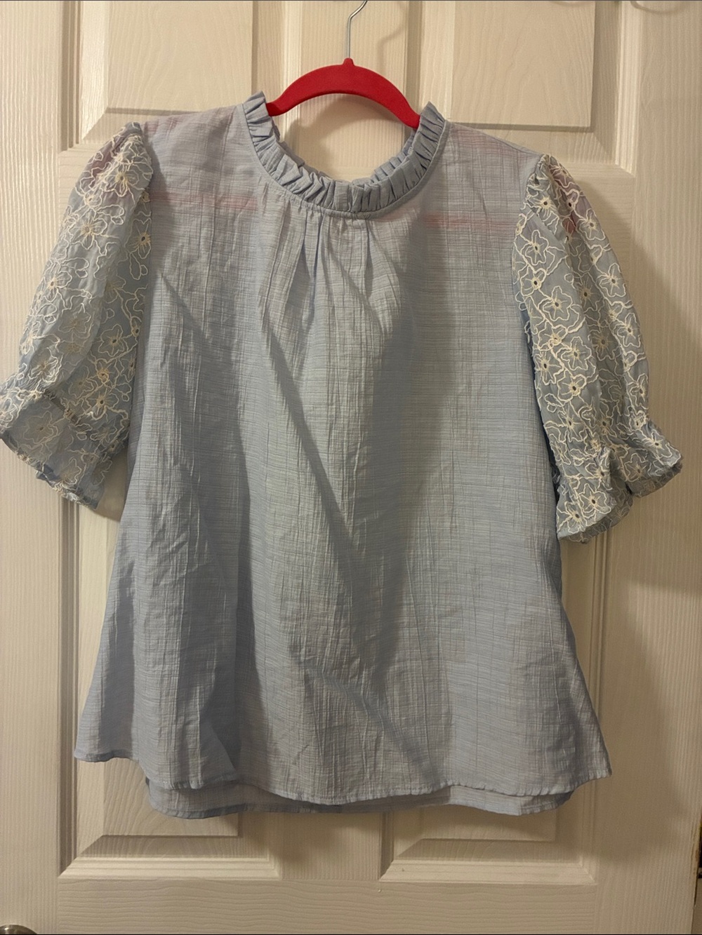 Light Blue Ruffle Neck Puff Sleeve Blouse